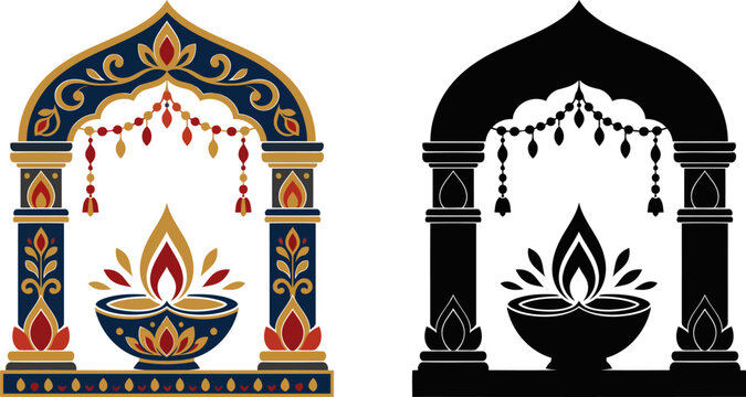 Diwali oil lamp diya and arch vector illustration set with traditional floral motifs and ornamental garland on isolated background.