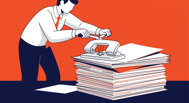 Person punching holes in stack of papers