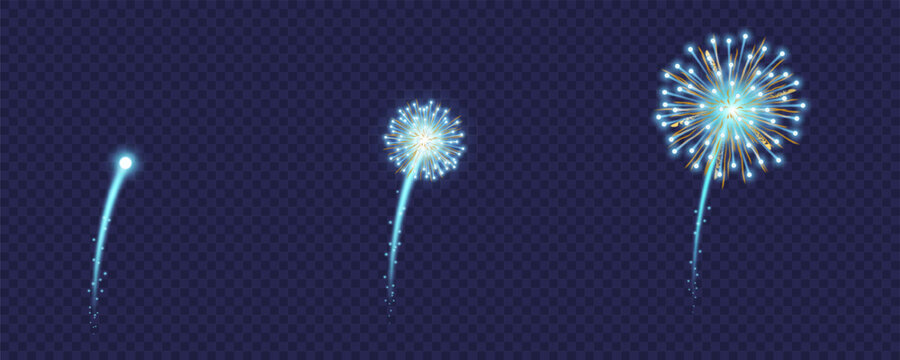 Blue and gold firework exploding with trails of light against a dark grid background.
