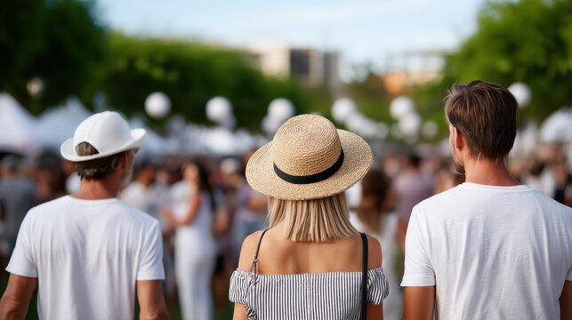 Rear view of people wearing summer hats and white clothing at outdoor festival, enjoying lively atmosphere and warm weather