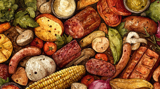 Watercolor illustration of BBQ ingredients in full frame composition, dense overlapping meat, sausages, vegetables, corn and sauces with rich grilled tones.