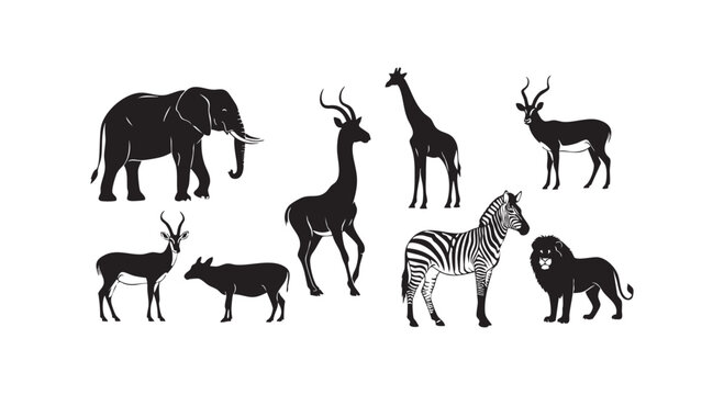 Safari animals silhouettes collection featuring elephant zebra lion giraffe and various antelope species illustration.