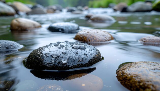 Fireflies clinging and dropping on wet river rocks, serene zen Japanese landscape
