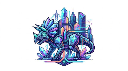 Crystal Triceratops Dinosaur Futuristic Cityscape Illustration. © Topan