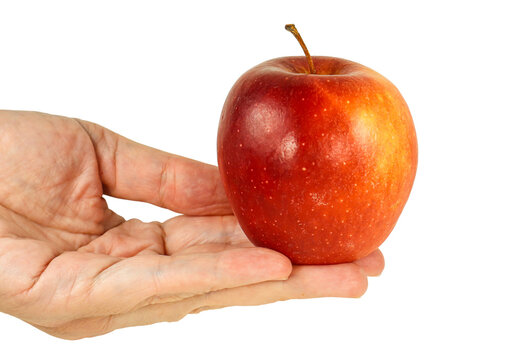 A woman's hand holding a ripe red apple isolated on a solid black background, studio close-up shot