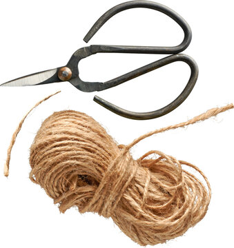 Vintage Garden Shears and Jute Twine Ball Top View isolated on transparent background