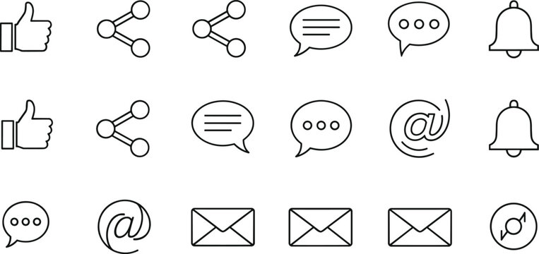 Black Line Art Social Media Communication and Messaging Icon Set Vector Illustration for App and Web Designs