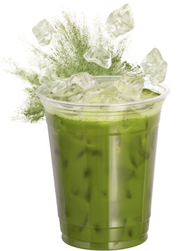 Iced matcha tea in plastic cup with powder explosion isolated on transparent background