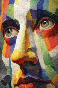 Stylized clown face with geometric shapes in cubist style, AI generated
