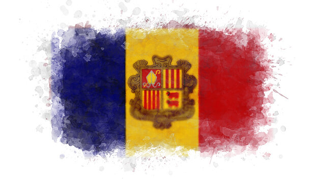 The flag of Andorra is displayed in a watercolor artistic style, featuring its vertical bands of blue, yellow, and red, and the central coat of arms.