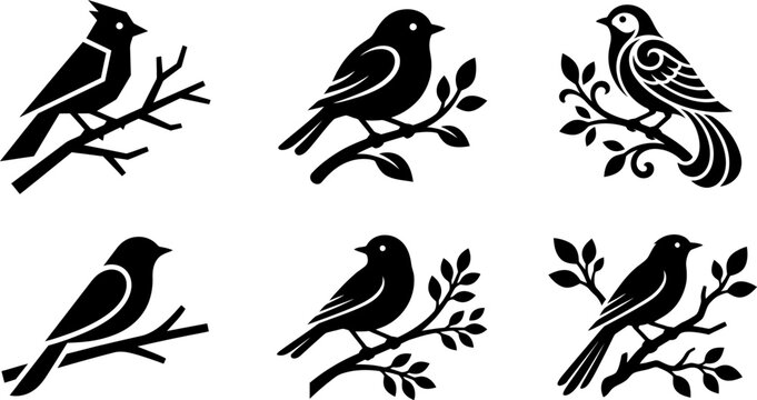 Decorative bird silhouettes on branches with stylized floral accents for greeting cards wedding invitations scrapbooking and nature inspired vector art illustrations.