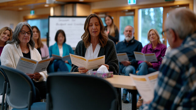 Elderly couple in grief support group circle seated in community center meeting room, eight participants holding printed program guides, a facilitator speaking beside whiteboard with session agenda 