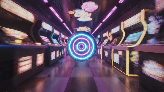 A vibrant neon yo-yo blurs in rapid downward descent through a flashing arcade hall.