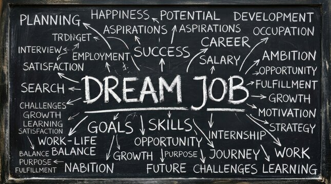 Dream job word cloud on blackboard showing career goals skills success motivation and professional development.