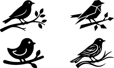 Fototapeta premium Bird silhouettes on tree branches variety of avian species perched on twigs with leaves nature wildlife graphic elements for design set of four unique bird styles.