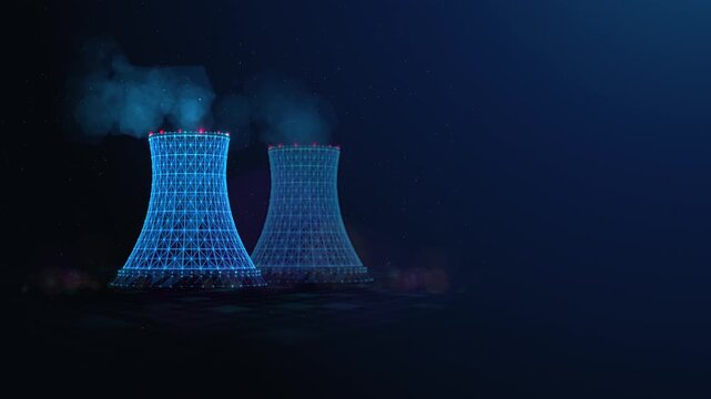 Abstract Animation Loop of a Nuclear Power Plant with Cooling Towers Generating Clean Energy. Atomic reactor facility and industrial electricity production concept with copy space on a blue background