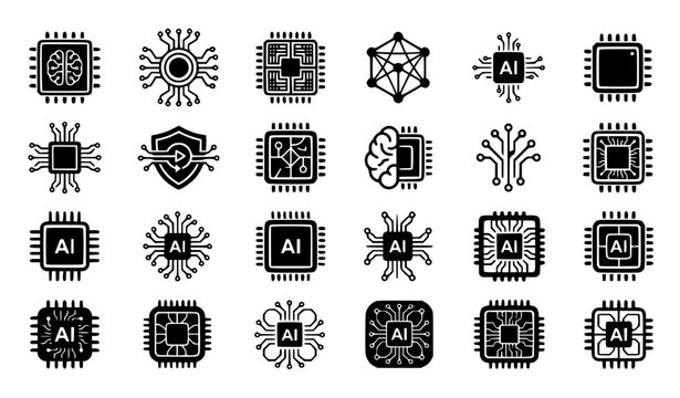 Artificial intelligence microchip icon set with machine learning hardware symbols cyber security shield labels and digital technology circuit graphics for apps
