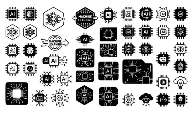 Artificial intelligence microchip icon set with machine learning processor labels computer hardware circuit symbols and digital brain technology badges for websites