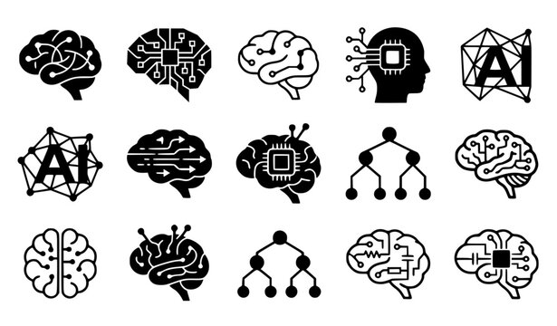 Artificial intelligence brain icon set with neural network technology symbols machine learning microchips and cybernetic human mind graphics for digital designs