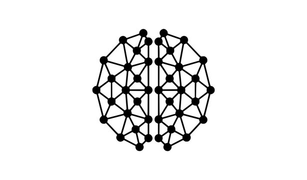 Digital neural network brain icon with artificial intelligence technology nodes and geometric lines logo symbol for machine learning and data science