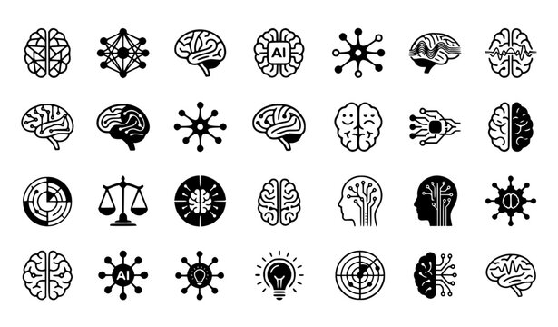 Artificial intelligence brain icon set with neural network machine learning and human mind technology symbols for web applications and digital design