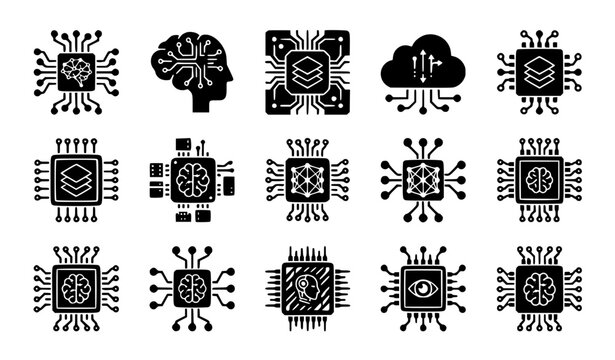 Artificial intelligence and machine learning microchip icon set with brain technology symbols for computer processors cybernetics web apps and future tech designs