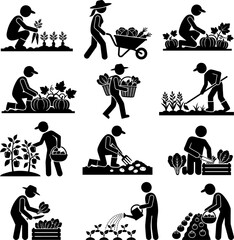 Fototapeta premium Farming and gardening pictogram collection showing farmers harvesting vegetables planting seeds and working in fields with agricultural tools and garden equipment set.