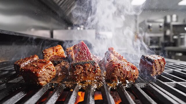 Juicy seasoned meat cubes searing on a hot grill, releasing savory smoke and flames