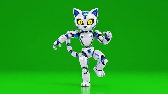 dancing robot cat on green background