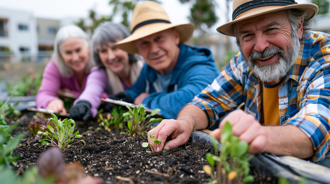 Senior co-housing residents tending shared raised vegetable beds outside low-rise communal building, three women and two men comparing seedling progress on clipboards, rural landscape stretching bey