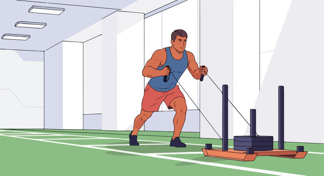 Muscular man training with a weight sled