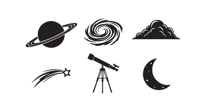 Space and astronomy icon set with planet saturn galaxy spiral cloud comet star telescope and crescent moon silhouettes.