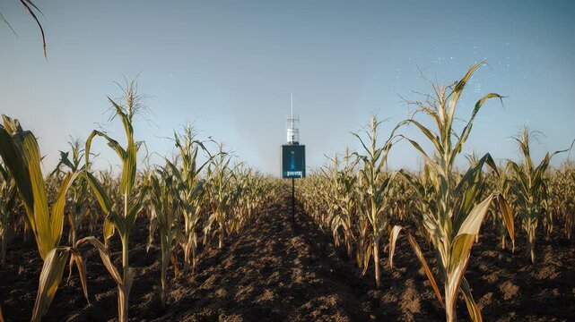 Smart agriculture sensor device monitoring soil moisture in a vast cornfield under a clear blue sky