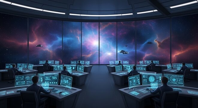Futuristic Space Command Center with Galactic View.