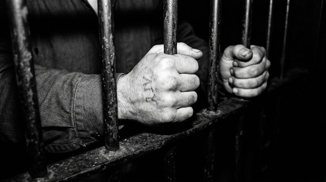 realistic prison documentary photo of inmate hands gripping bars