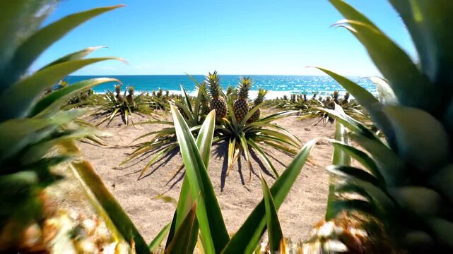 Two Ripe Pineapples with Spiky Green Crowns Growing in Sandy Soil on a Sunny Coastal Farm with Ocean in Background