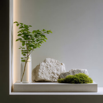 Minimalist interior space with green plant in glass vase, white stone, and moss on tray, soft lighting, calm atmosphere