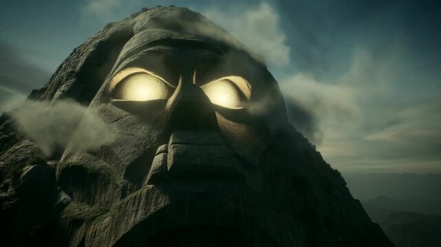 Slow tracking tilt shot of colossal stone face opening glowing eyes on misty mountain ridge at dusk