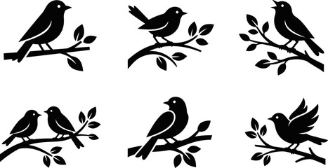 Fototapeta premium Collection of six black bird silhouettes perched on branches in different poses and styles, isolated on transparent background.
