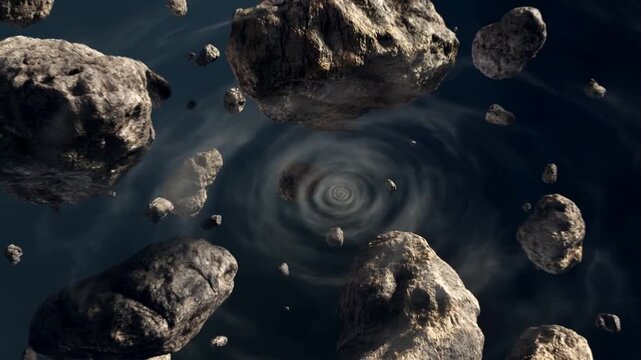Tracking shot of asteroids drifting toward swirling space vortex in deep outer space field