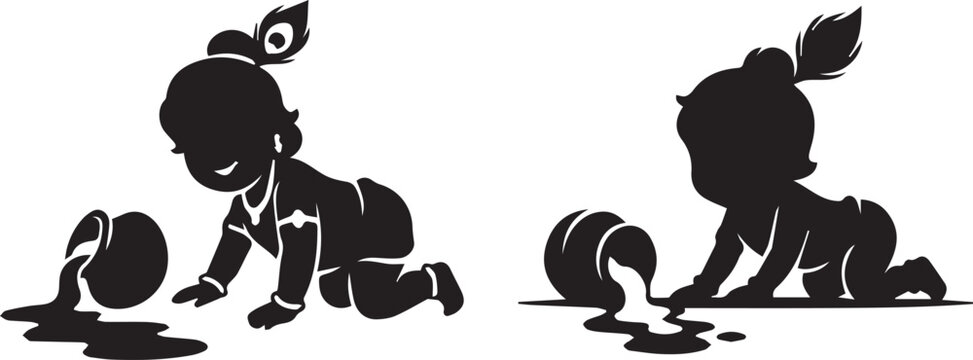 Cute Baby Krishna Crawling with Butter Pot Silhouette Vector Illustration .