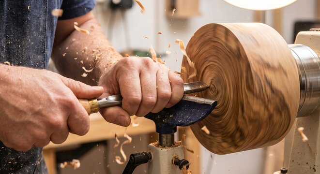 Woodworker holding a chisel against spinning wood on a lathe with flying shavings