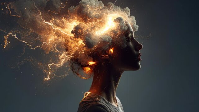 Young Woman Imagining Fiery Cloudburst Surrounding Head in Dark Studio