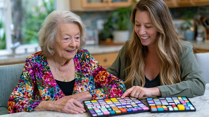 Fototapeta premium Elderly woman receiving in-home occupational therapy session focused on safe medication self-administration, therapist demonstrating pill organizer system at kitchen table, adaptive tools laid out o