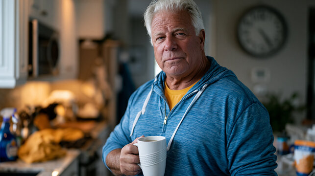 Former surgeon experiencing first completely unstructured Tuesday morning after retirement, standing in kitchen in casual clothes holding coffee mug, operating schedule habit still pulling at postur