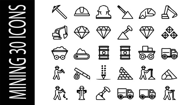 Mining Industry Icons: A collection of line art icons representing the mining industry, including tools, equipment, and resources, presented in a clean and organized layout.