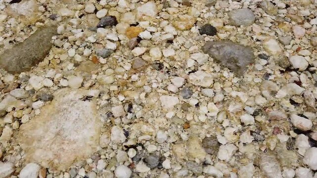Close-up of crystal clear flowing river water over natural stones. Clean freshwater stream with transparent water, smooth movement and tranquil nature atmosphere