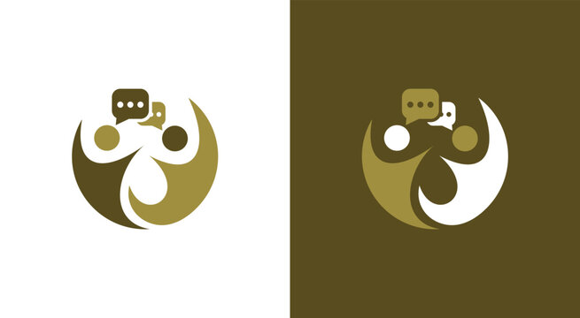 Abstract communication logo design with people and chat bubbles.