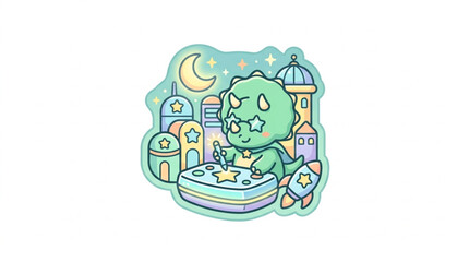 Cute cartoon dinosaur character with stars and rocket. © Brody