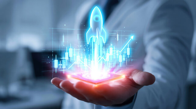 Digital rocket launch hologram over hand with financial chart and upward arrow, futuristic startup growth visualization, glowing blue and orange